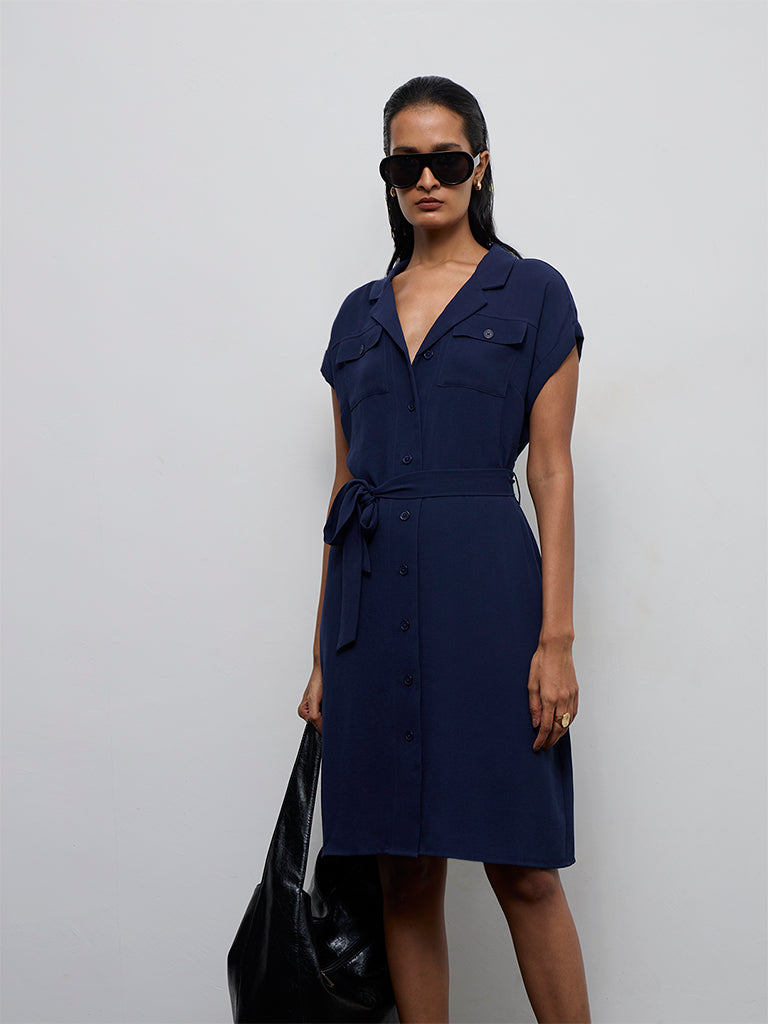 Wardrobe Navy Solid Shirt Dress with Belt
