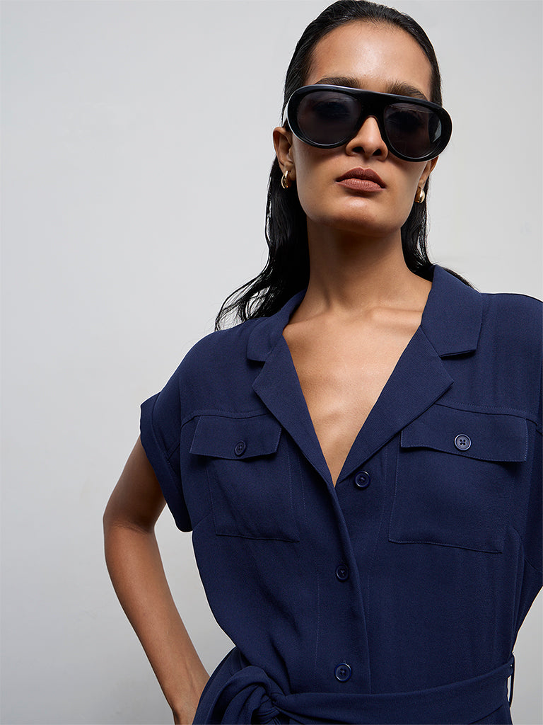 Wardrobe Navy Solid Shirt Dress with Belt