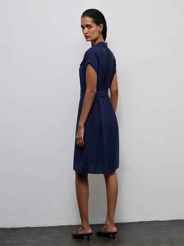 Wardrobe Navy Solid Shirt Dress with Belt