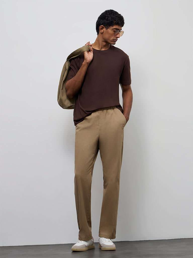 WES Casuals Cotton-Blend Dark Taupe Relaxed-Fit Mid-Rise Chinos