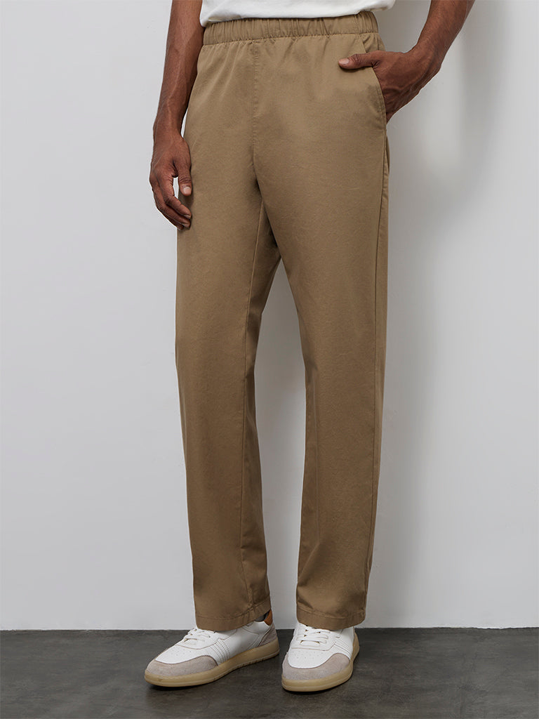 WES Casuals Cotton-Blend Dark Taupe Relaxed-Fit Mid-Rise Chinos