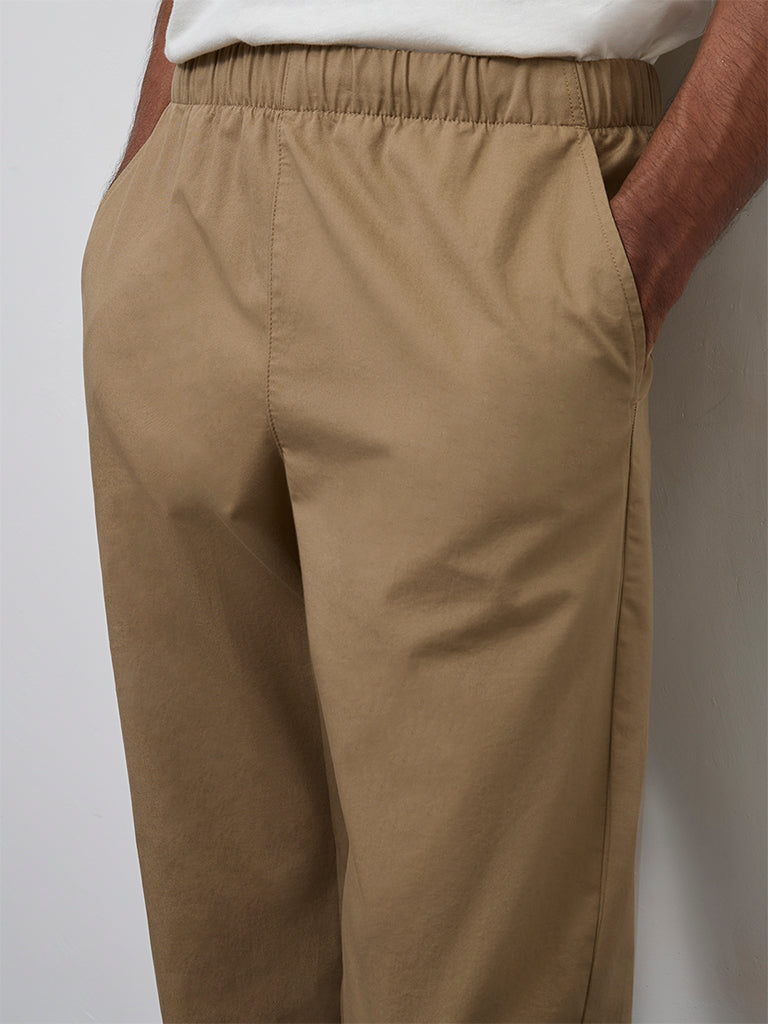 WES Casuals Cotton-Blend Dark Taupe Relaxed-Fit Mid-Rise Chinos