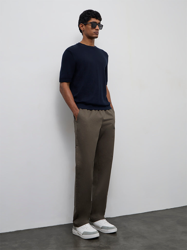 WES Casuals Cotton-Blend Olive Relaxed-Fit Mid-Rise Chinos