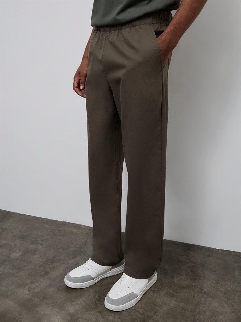WES Casuals Cotton-Blend Olive Relaxed-Fit Mid-Rise Chinos