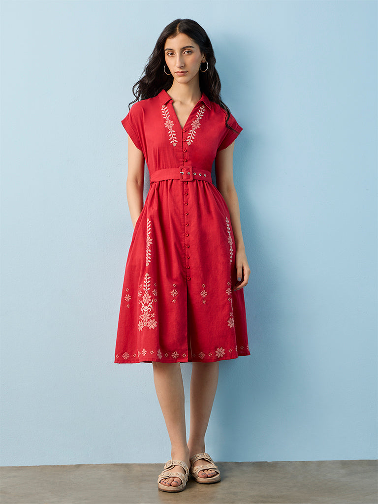 Buy Bombay Paisley Red Embroidered Cotton A-Line Dress with Belt