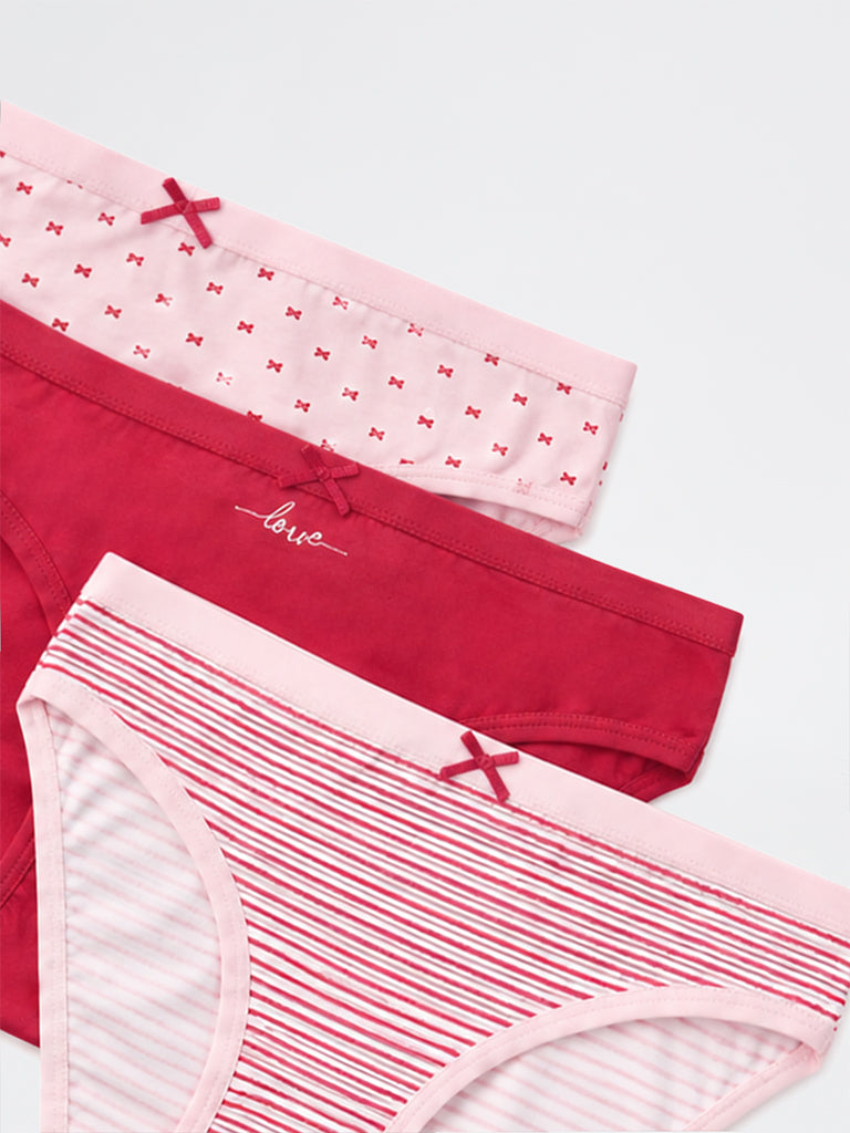 Wunderlove 3-Pack Bow Printed Cotton-Blend Bikini Briefs