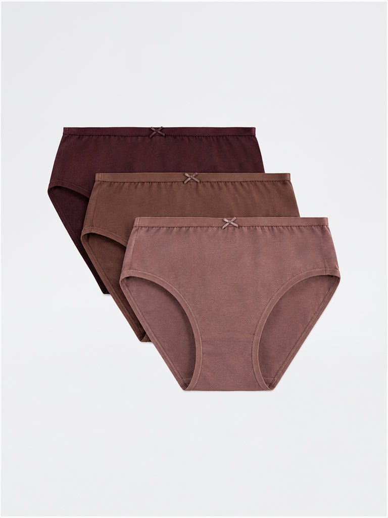 Wunderlove Brown Cotton-Blend Hi-Leg Briefs - Set of 3