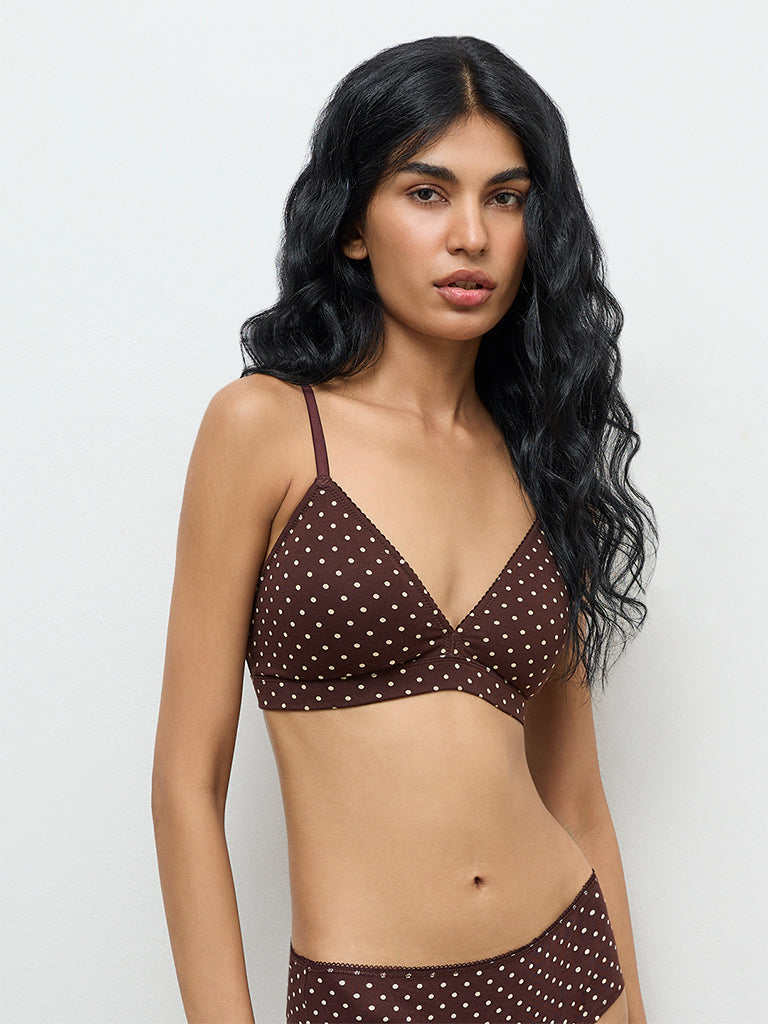 Superstar Dark Brown Polka-Dot Cotton-Blend Padded Bra