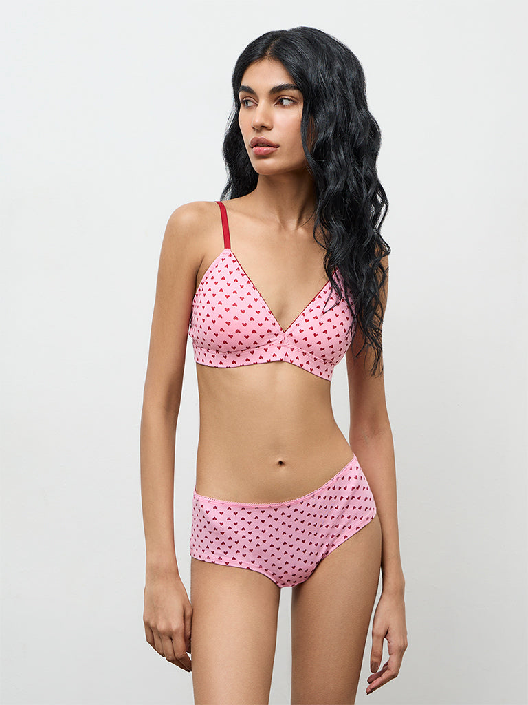 Superstar Pink Heart Printed Cotton-Blend Padded Bra