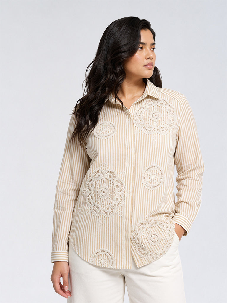 Gia Beige Floral Embroidered Cotton Shirt