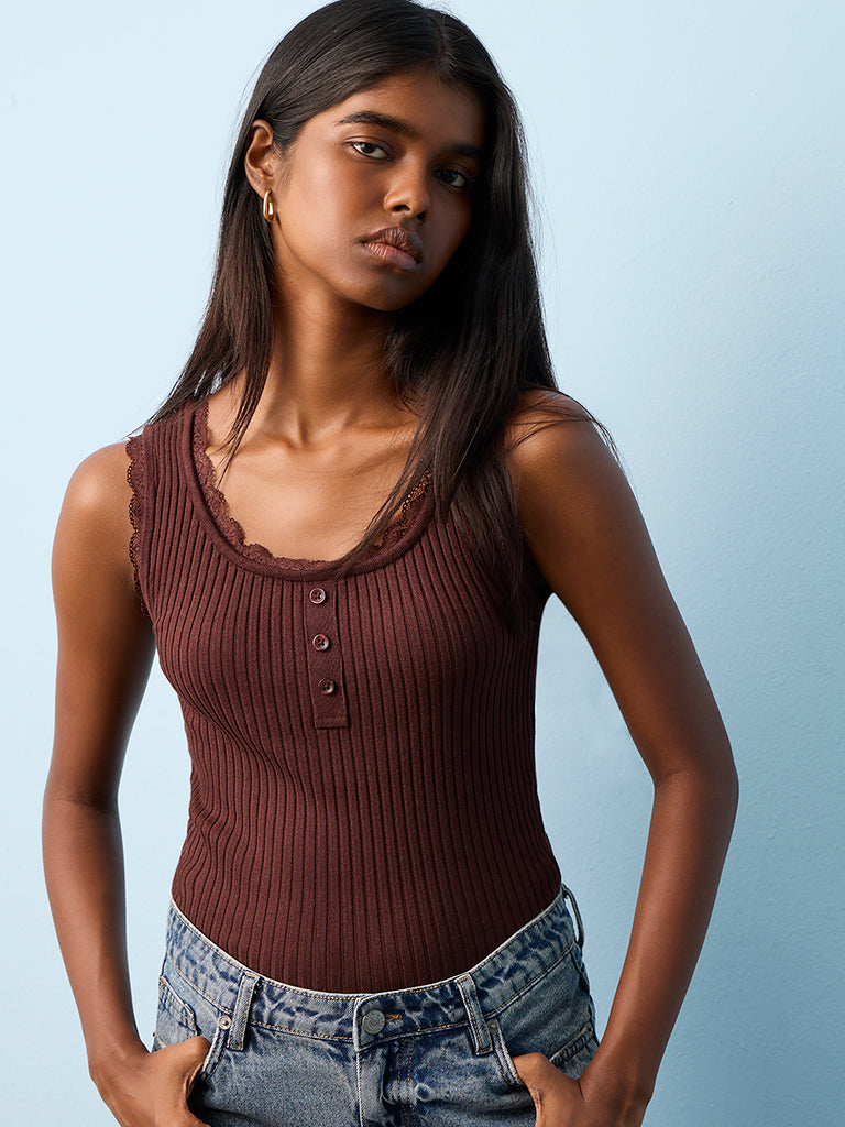Buy Nuon Brown Ribbed-Textured Tank Top from Westside