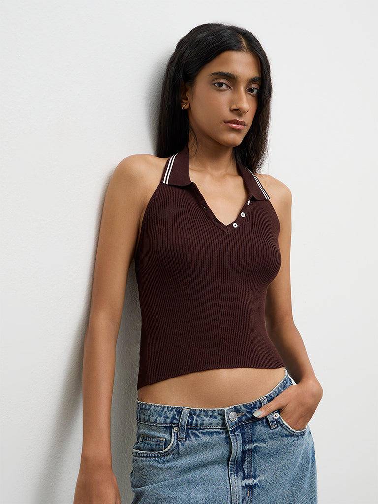 Buy Nuon Dark Brown Ribbed Halter-Neck Top from Westside