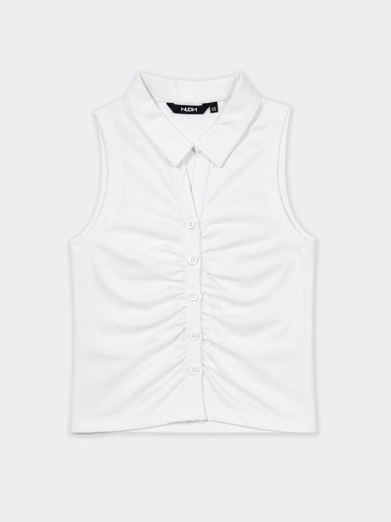 Nuon White Ruched Design Cotton Top