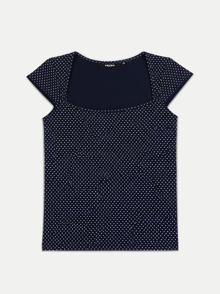 Nuon Navy Polka-Dot Printed Cotton-Blend Top
