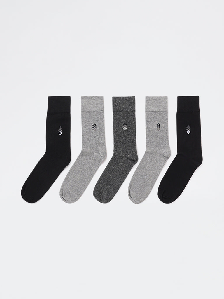 WES Lounge Grey Cotton-Blend Full-Length Socks - Pack of 5