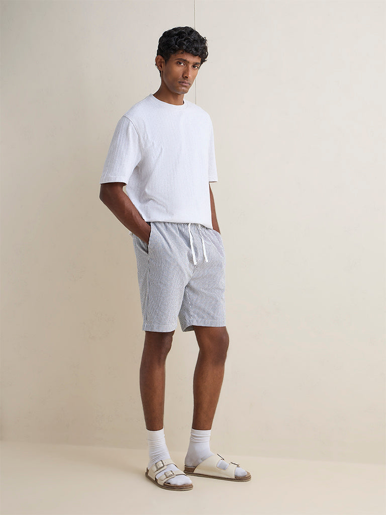 WES Lounge Grey Striped Relaxed-Fit Mid-Rise Cotton Shorts