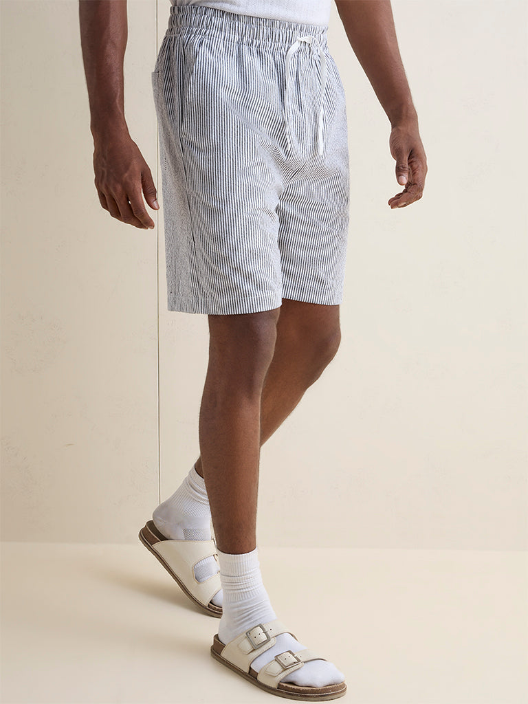 WES Lounge Grey Striped Relaxed-Fit Mid-Rise Cotton Shorts