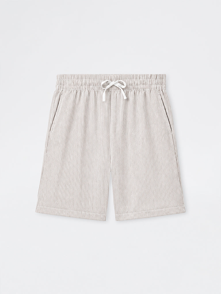 WES Lounge Beige Striped Relaxed-Fit Mid-Rise Cotton Shorts