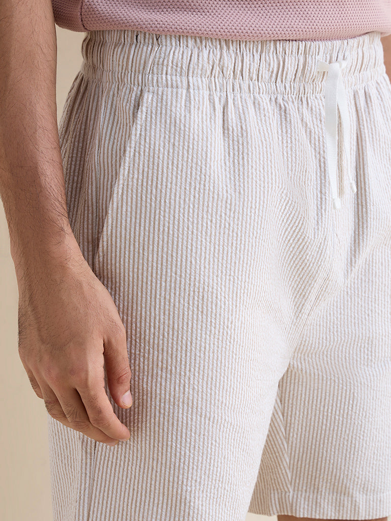 WES Lounge Beige Striped Relaxed-Fit Mid-Rise Cotton Shorts