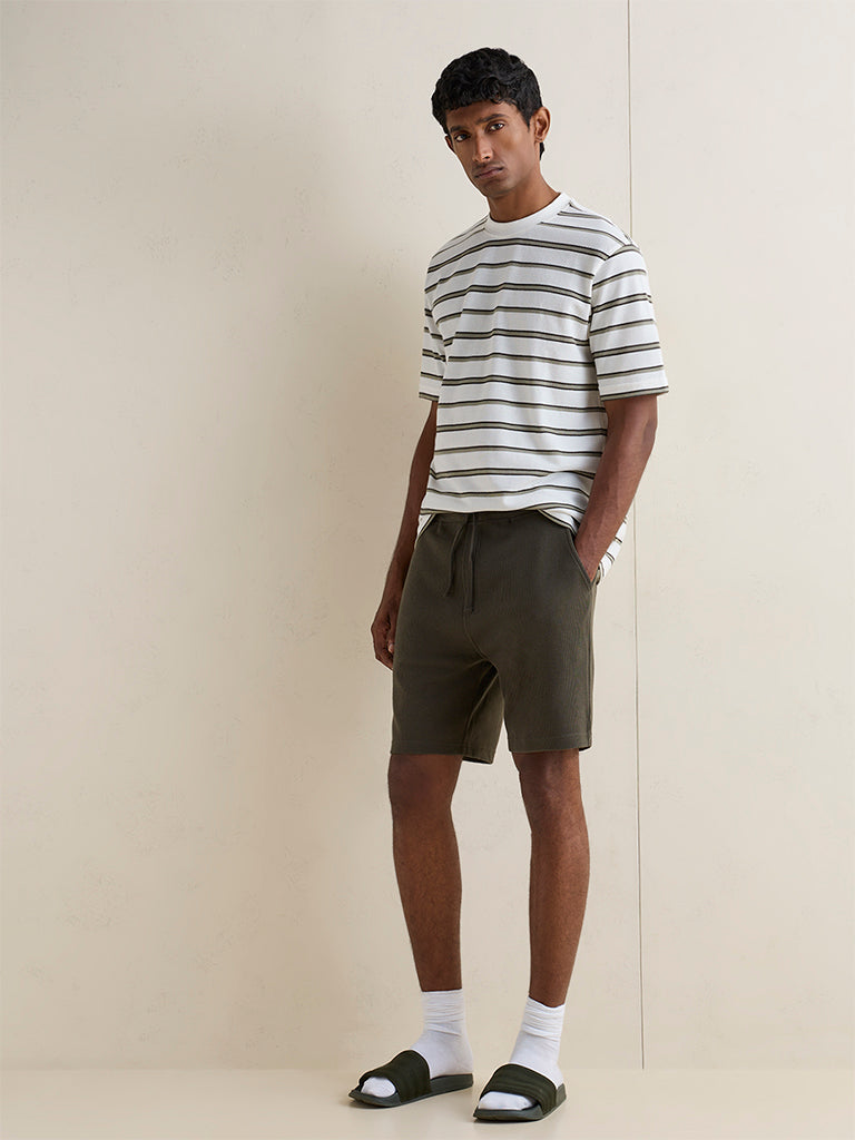 WES Lounge Olive Waffle Textured Relaxed-Fit Cotton-Blend Shorts