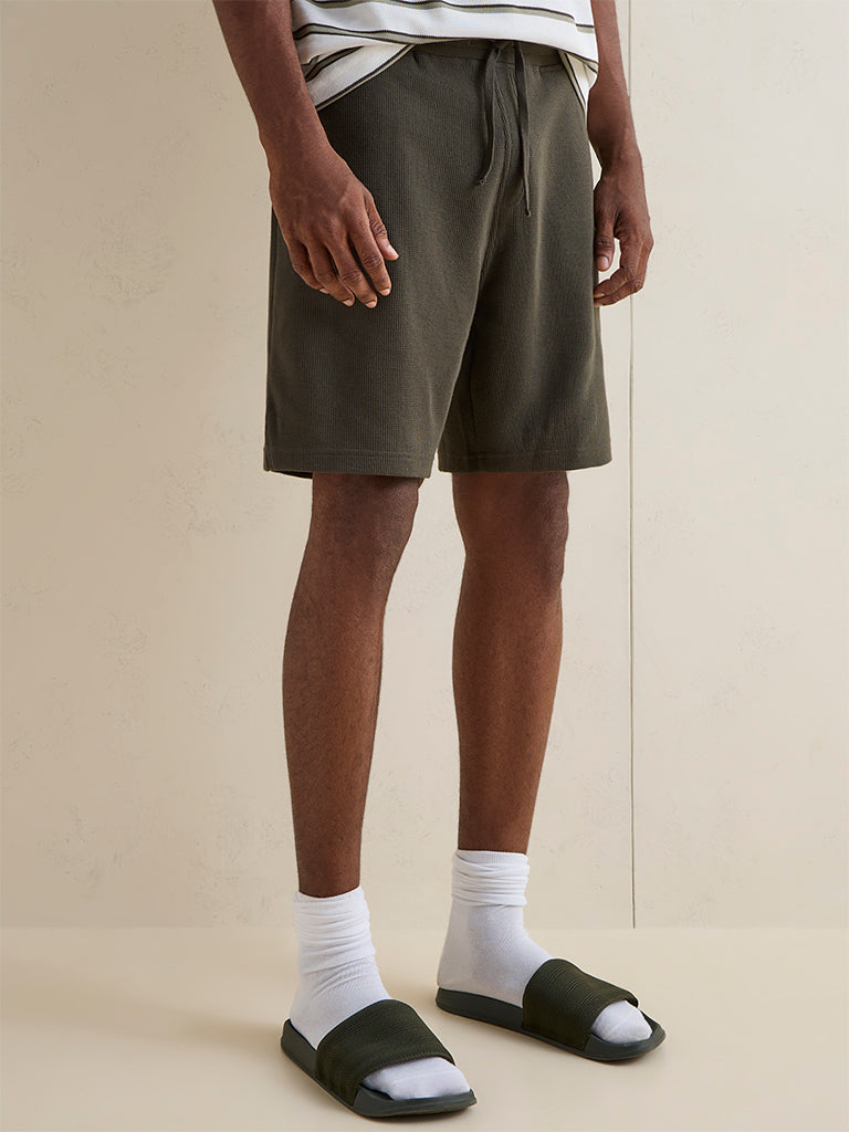 WES Lounge Olive Waffle Textured Relaxed-Fit Cotton-Blend Shorts
