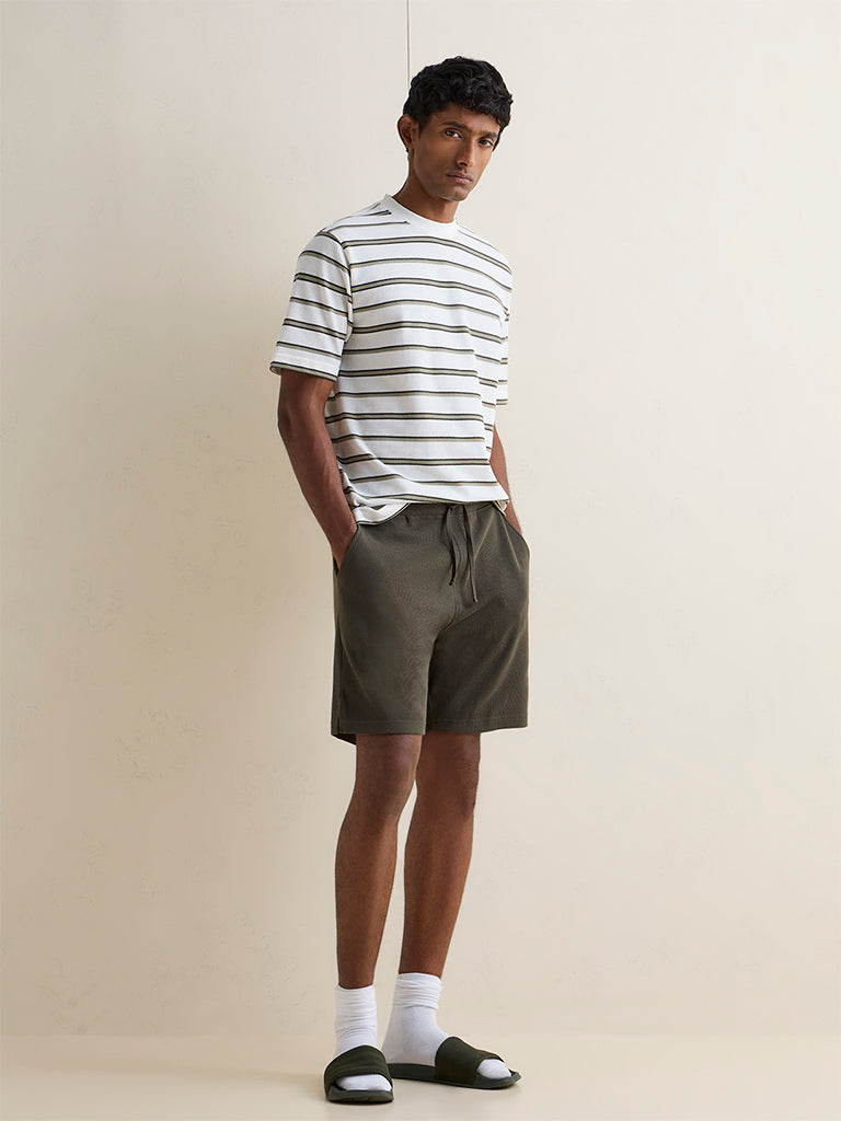 WES Lounge Off-White Striped Relaxed Fit Cotton-Blend T-Shirt