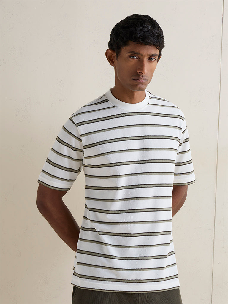 WES Lounge Off-White Striped Relaxed Fit Cotton-Blend T-Shirt