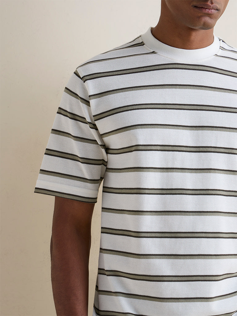 WES Lounge Off-White Striped Relaxed Fit Cotton-Blend T-Shirt