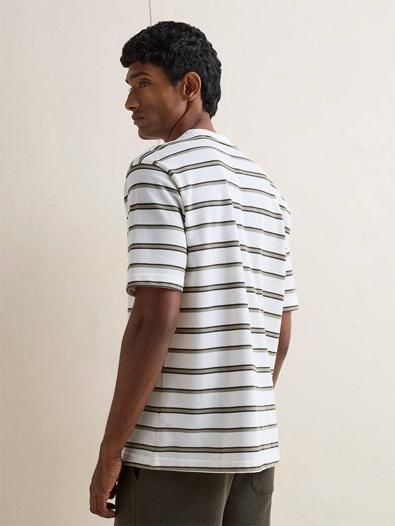 WES Lounge Off-White Striped Relaxed Fit Cotton-Blend T-Shirt