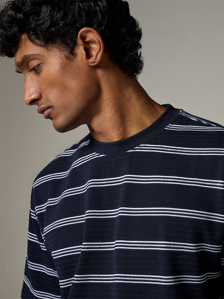 WES Lounge Navy Striped Relaxed-Fit Cotton-Blend T-Shirt
