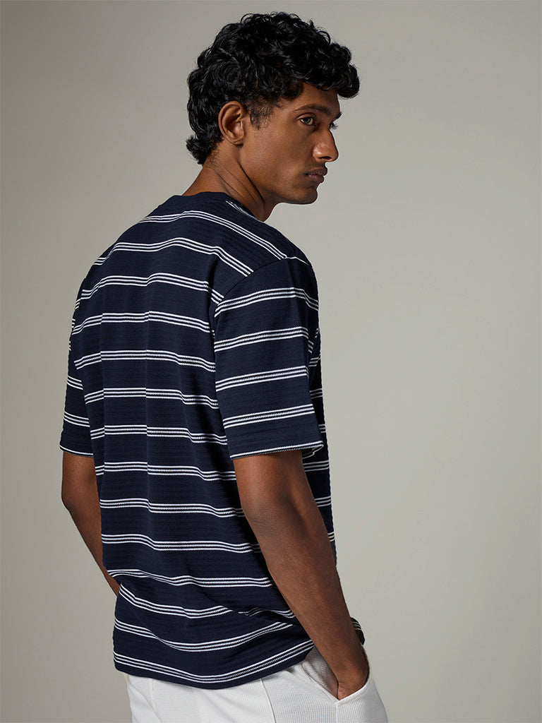 WES Lounge Navy Striped Relaxed-Fit Cotton-Blend T-Shirt