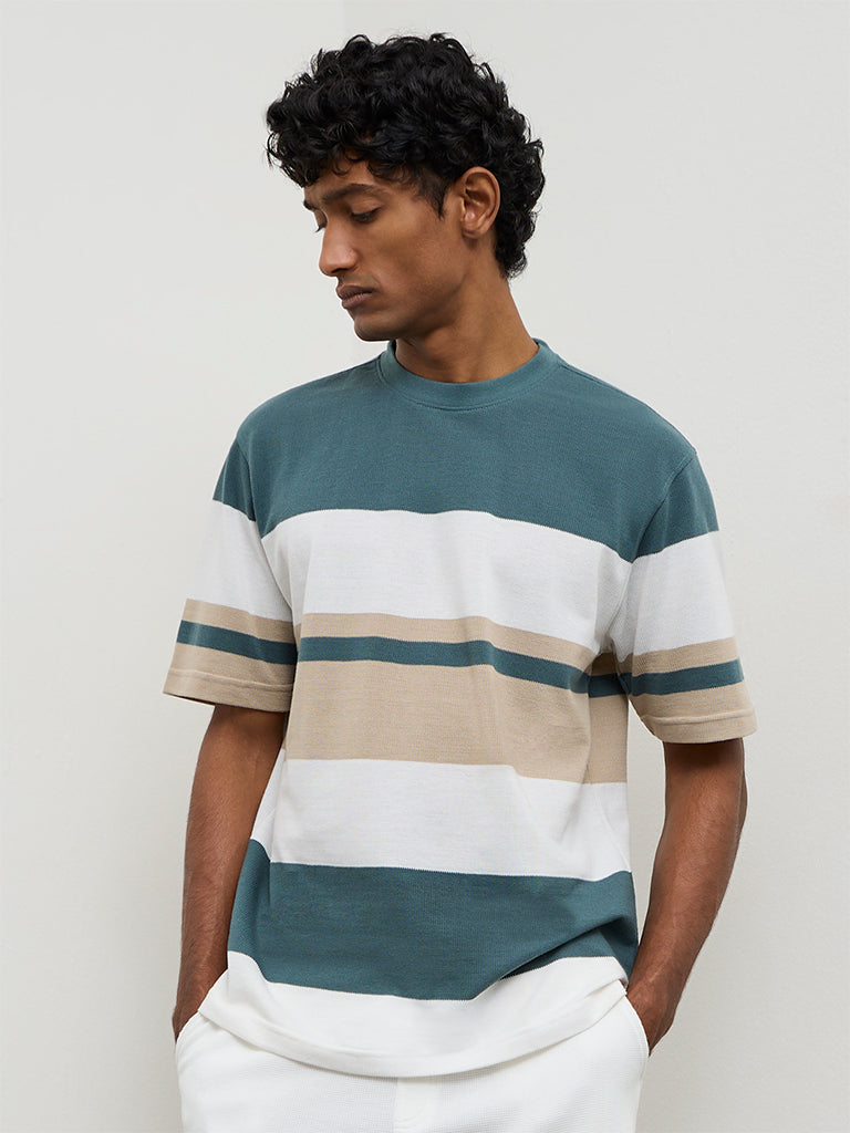 WES Lounge Multicolor Stripe-Printed Relaxed-Fit Cotton T-Shirt