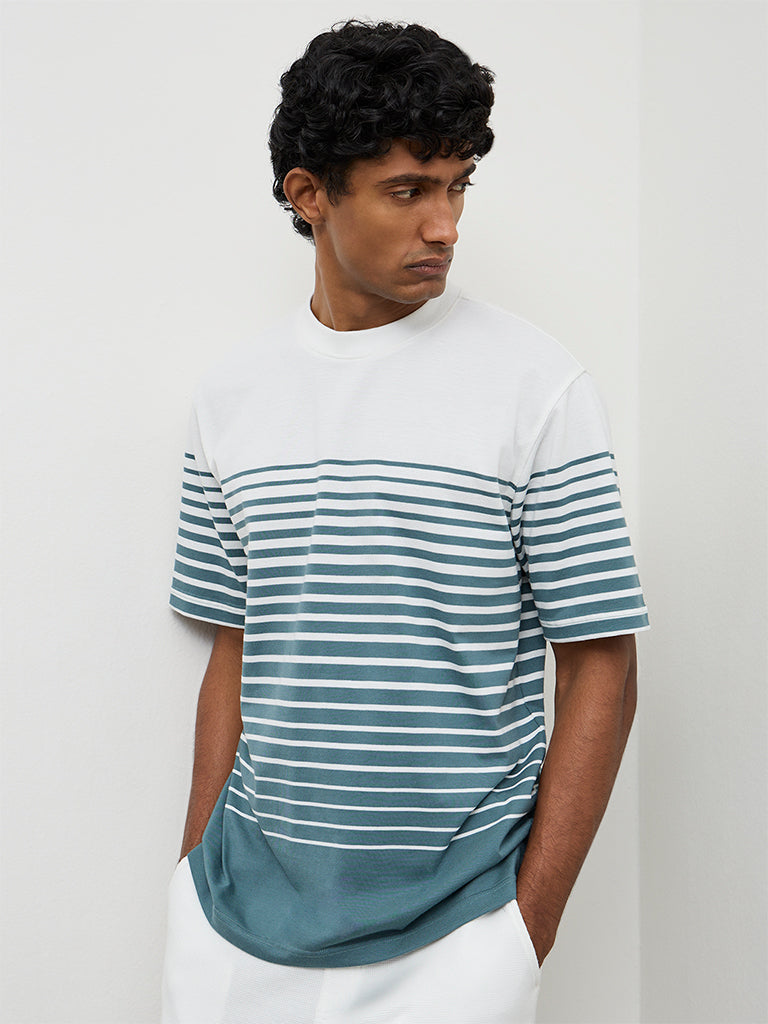 WES Lounge Teal Striped Relaxed-Fit Cotton T-Shirt