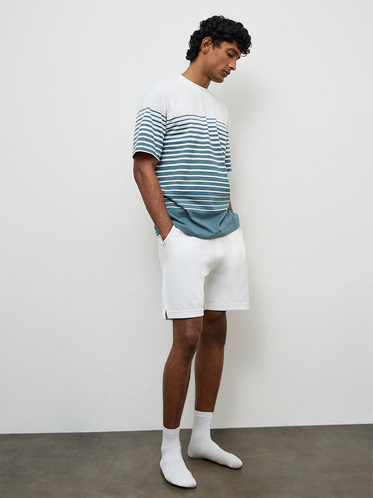 WES Lounge Teal Striped Relaxed-Fit Cotton T-Shirt
