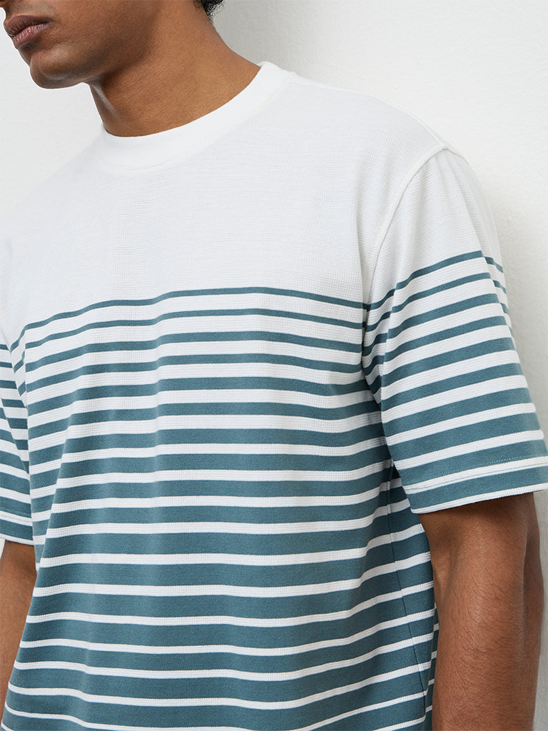 WES Lounge Teal Striped Relaxed-Fit Cotton T-Shirt