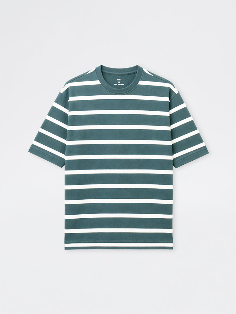 WES Lounge Teal Striped Relaxed-Fit Cotton T-Shirt