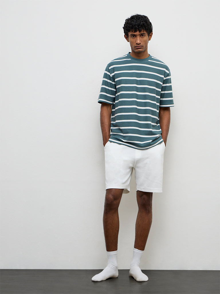 WES Lounge Teal Striped Relaxed-Fit Cotton T-Shirt