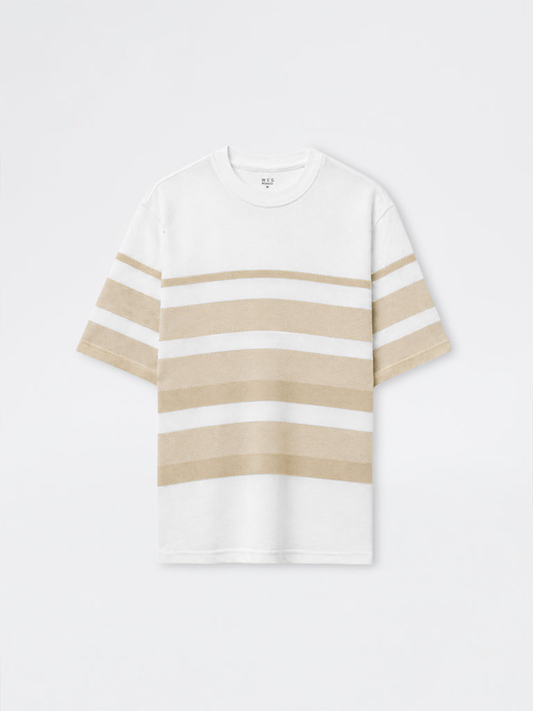 WES Lounge Beige Striped Relaxed-Fit Cotton T-Shirt