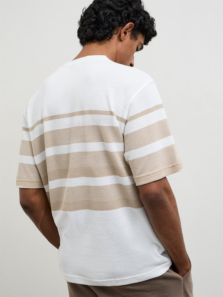 WES Lounge Beige Striped Relaxed-Fit Cotton T-Shirt