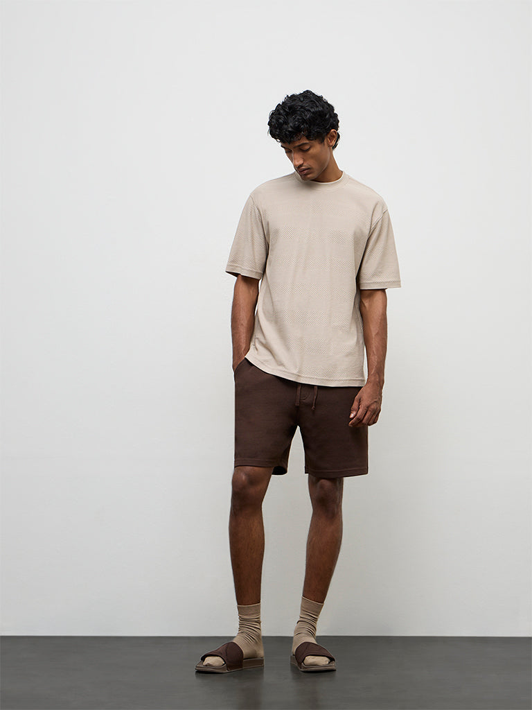 WES Lounge Light Beige Textured Relaxed-Fit Cotton T-Shirt