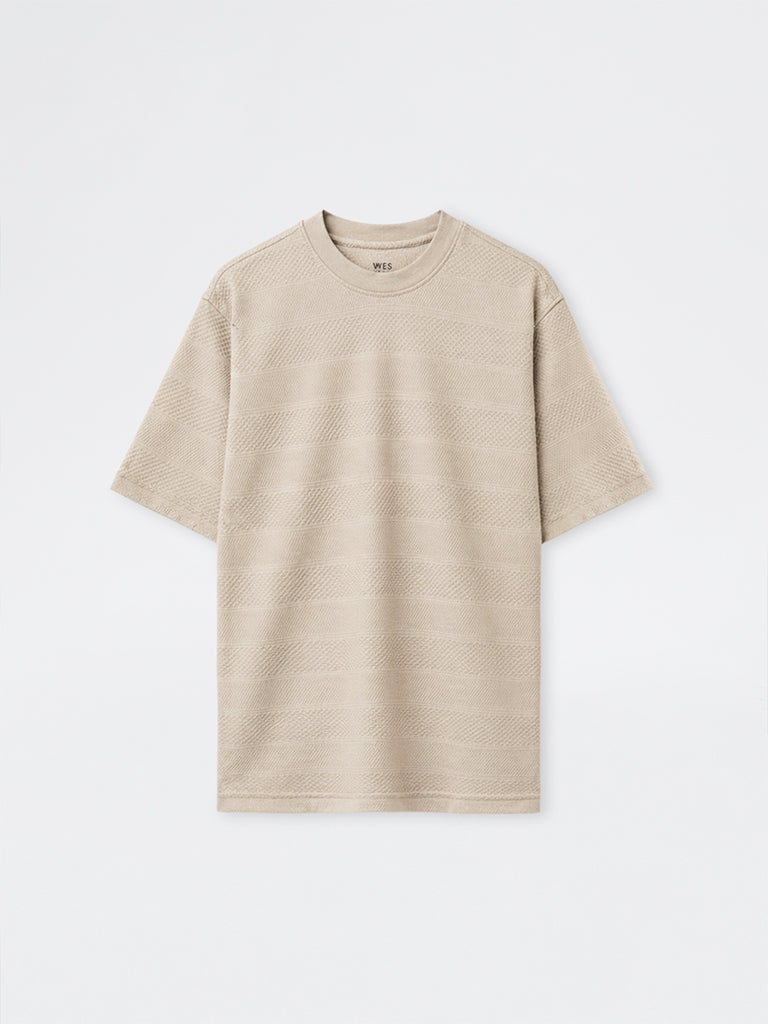 WES Lounge Light Beige Textured Relaxed-Fit Cotton T-Shirt