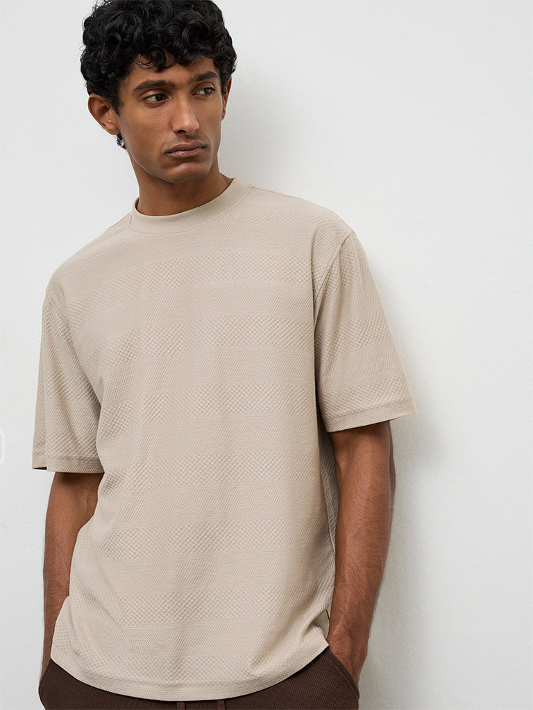 WES Lounge Light Beige Textured Relaxed-Fit Cotton T-Shirt