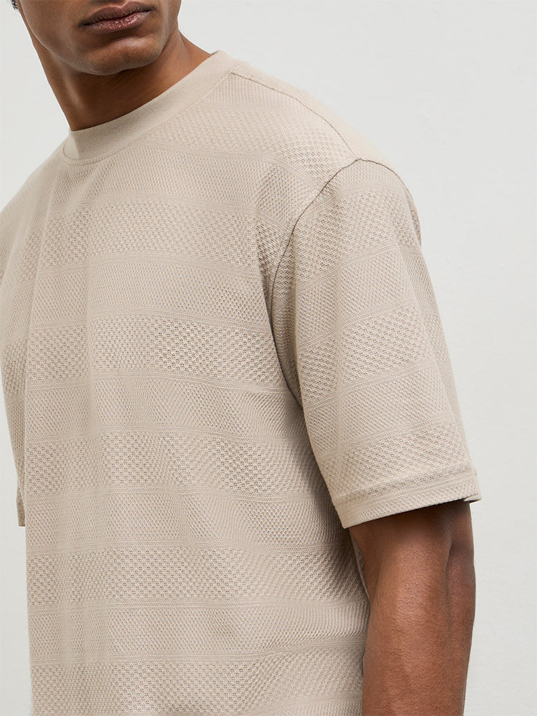 WES Lounge Light Beige Textured Relaxed-Fit Cotton T-Shirt