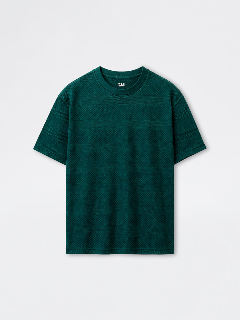WES Lounge Teal Textured Relaxed-Fit Cotton T-Shirt