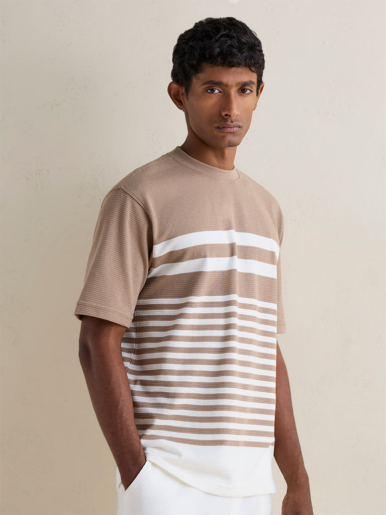 WES Lounge Beige Striped Relaxed-Fit Cotton-Blend T-Shirt