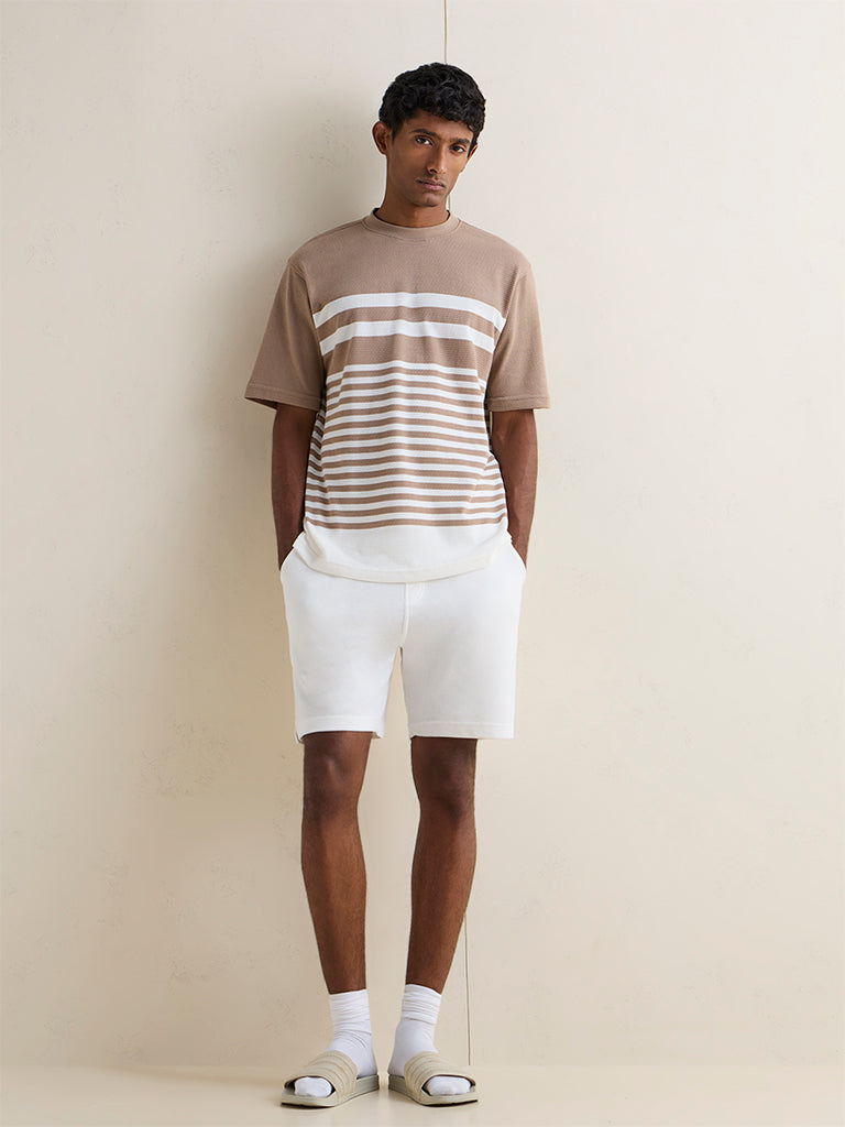 WES Lounge Beige Striped Relaxed-Fit Cotton-Blend T-Shirt