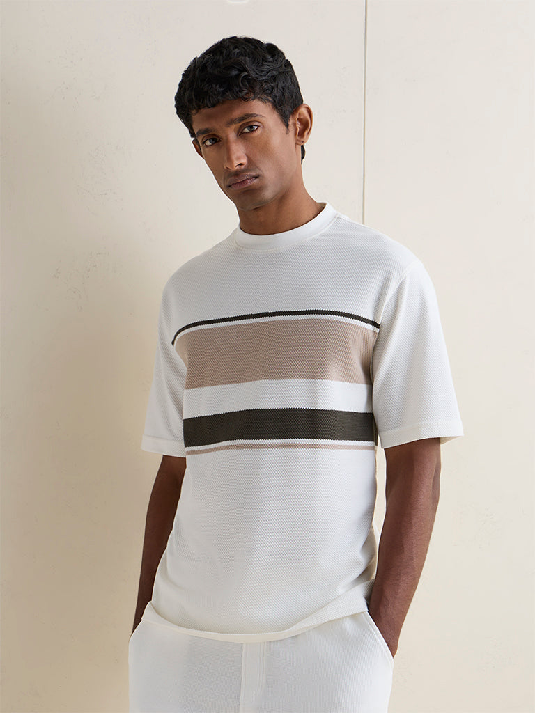WES Lounge Off-White Striped Relaxed-Fit Cotton-Blend T-Shirt