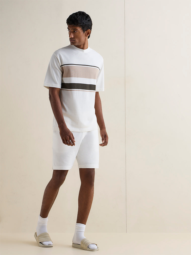 WES Lounge Off-White Striped Relaxed-Fit Cotton-Blend T-Shirt