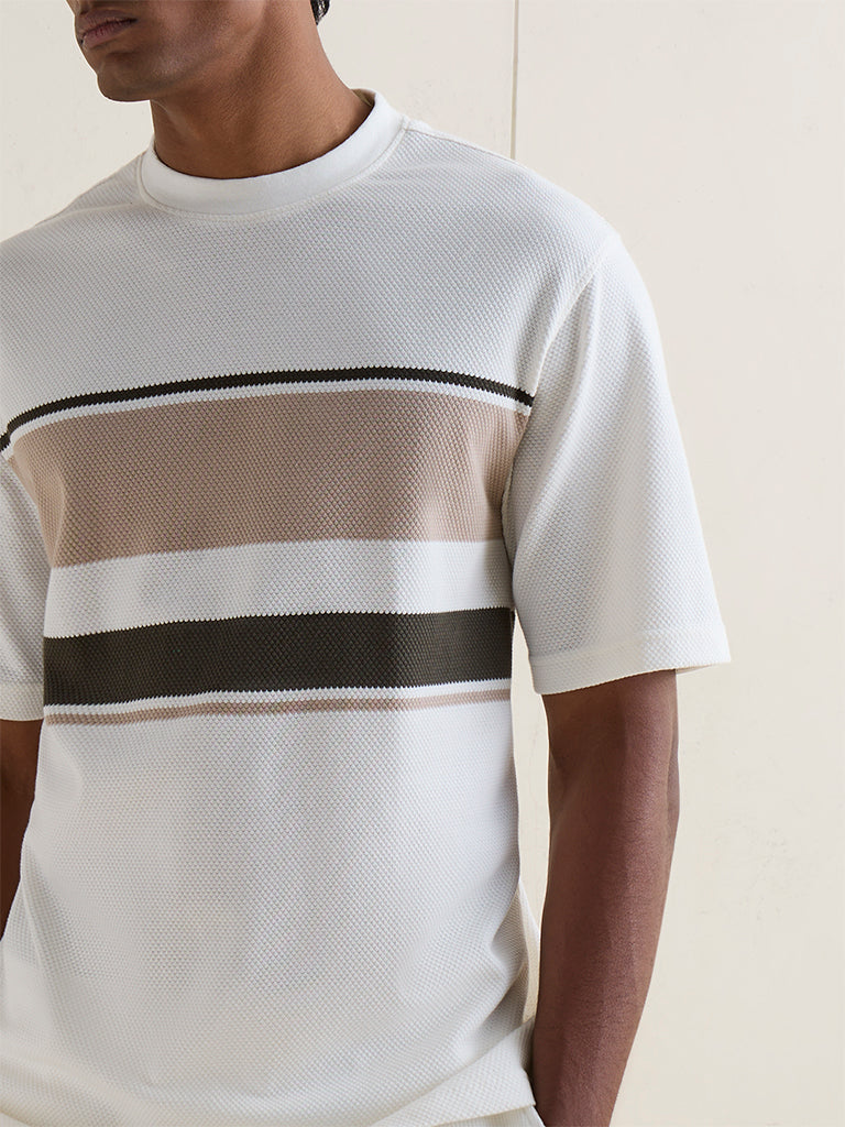 WES Lounge Off-White Striped Relaxed-Fit Cotton-Blend T-Shirt