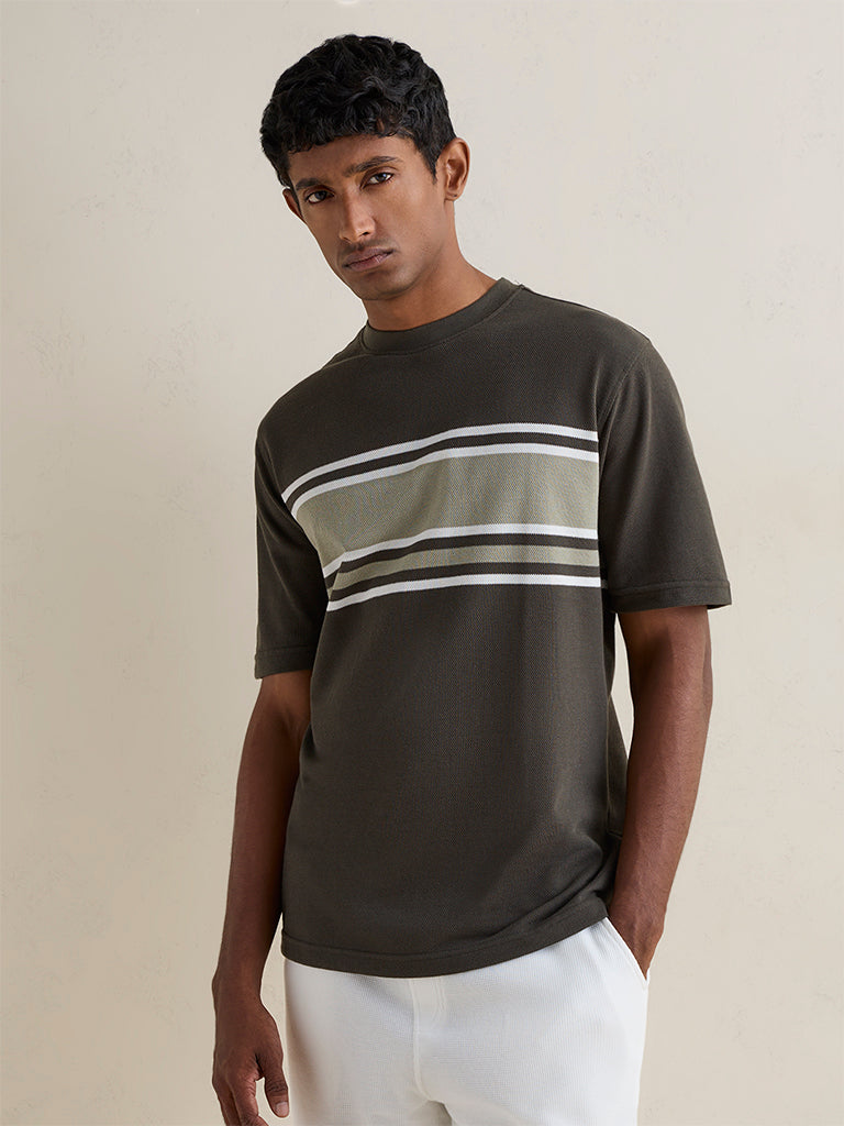 WES Lounge Dark Olive Striped Relaxed-Fit Cotton-Blend T-Shirt